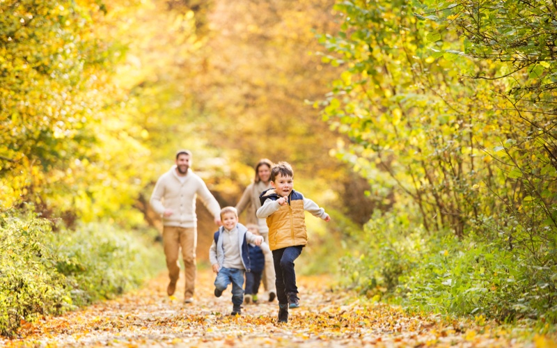 Eine junge Familie mit drei kleinen Kindern läuft fröhlich durch einen herbstlichen Wald.
